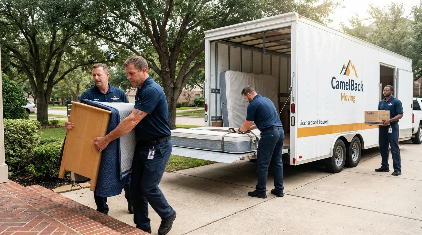 Crew loading residential truck for cross-state move from Raymondville, TX