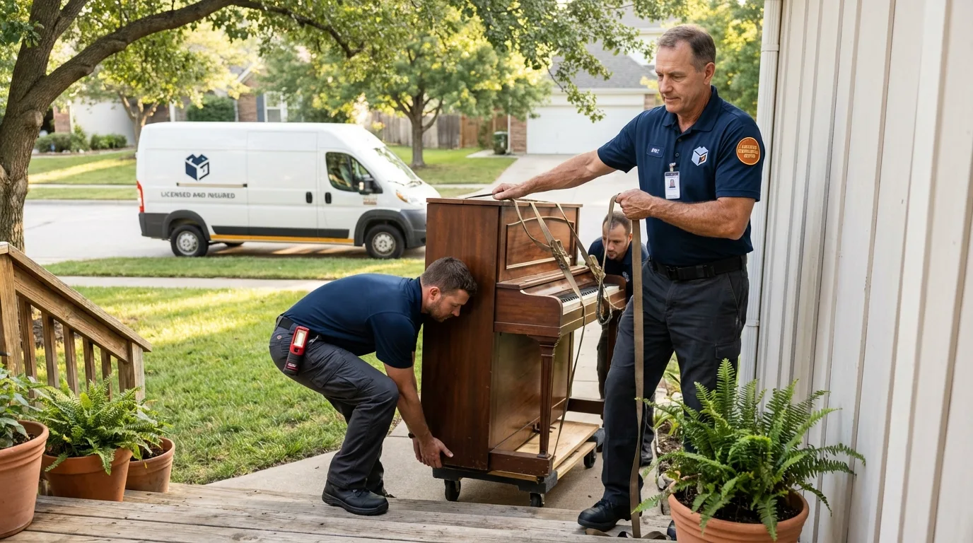 Licensed piano movers securing grand piano in Raymondville, TX