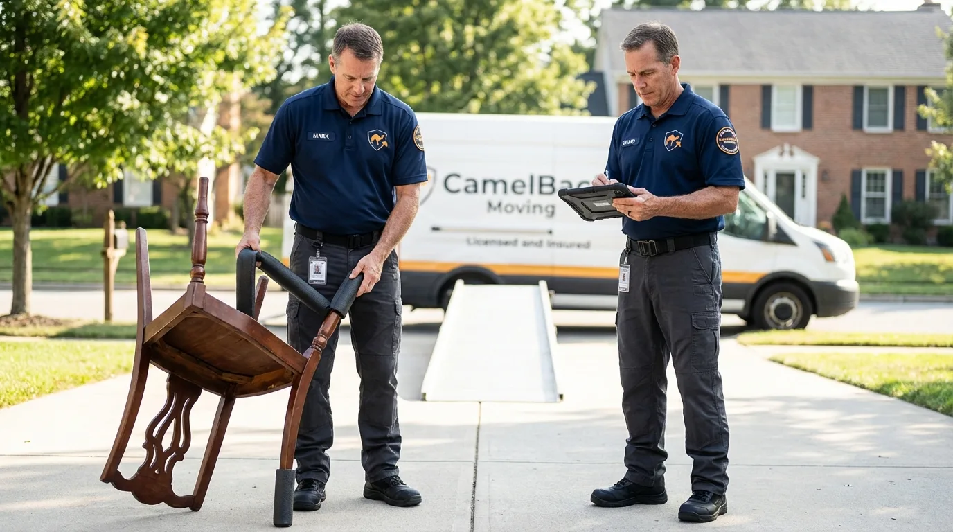 Movers inspecting furniture for damage prevention before loading in Raymondville, TX