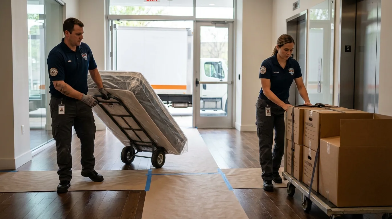 Professional apartment movers loading elevator in Raymondville, TX