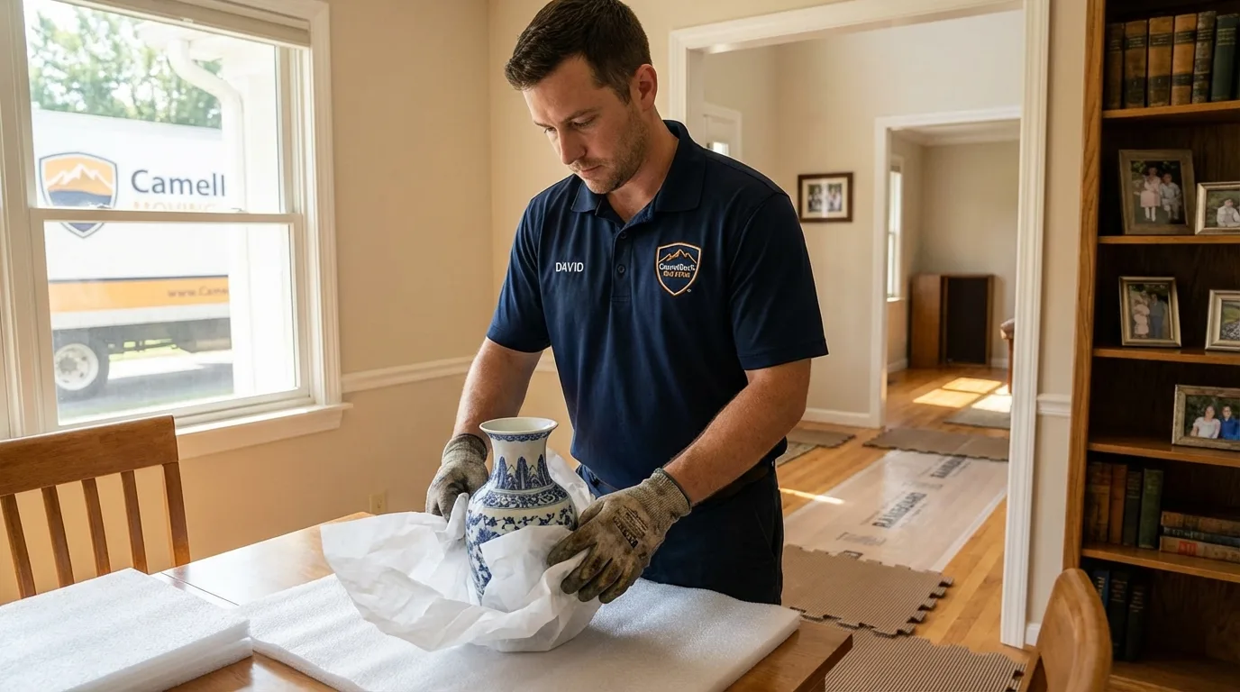 Professional crew carefully wrapping antique vase for senior downsizing move in Raymondville, TX